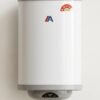 White cylindrical wall-mounted electric water heater / geyser with grey top and bottom caps. It has a blue and red "A" brand logo in the center, a 5-star BEE energy rating sticker on the top right, and a digital display at the bottom showing "42" degrees. The geyser is mounted on a plain light-colored wall with red and blue water inlet/outlet knobs visible below.