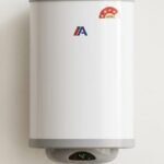 White cylindrical wall-mounted electric water heater / geyser with grey top and bottom caps. It has a blue and red "A" brand logo in the center, a 5-star BEE energy rating sticker on the top right, and a digital display at the bottom showing "42" degrees. The geyser is mounted on a plain light-colored wall with red and blue water inlet/outlet knobs visible below.