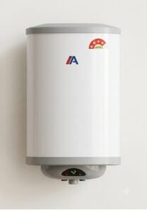 White cylindrical wall-mounted electric water heater / geyser with grey top and bottom caps. It has a blue and red "A" brand logo in the center, a 5-star BEE energy rating sticker on the top right, and a digital display at the bottom showing "42" degrees. The geyser is mounted on a plain light-colored wall with red and blue water inlet/outlet knobs visible below.