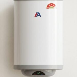 White cylindrical wall-mounted electric water heater / geyser with grey top and bottom caps. It has a blue and red "A" brand logo in the center, a 5-star BEE energy rating sticker on the top right, and a digital display at the bottom showing "42" degrees. The geyser is mounted on a plain light-colored wall with red and blue water inlet/outlet knobs visible below.