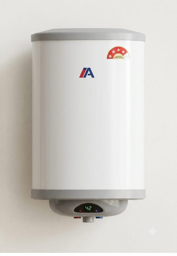 White cylindrical wall-mounted electric water heater / geyser with grey top and bottom caps. It has a blue and red "A" brand logo in the center, a 5-star BEE energy rating sticker on the top right, and a digital display at the bottom showing "42" degrees. The geyser is mounted on a plain light-colored wall with red and blue water inlet/outlet knobs visible below.