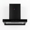 Black wall-mounted kitchen range hood featuring push-button controls, LED lights, and a mesh filter on a plain white background.