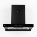 Black wall-mounted kitchen range hood featuring push-button controls, LED lights, and a mesh filter on a plain white background.