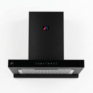 Black wall-mounted kitchen range hood featuring push-button controls, LED lights, and a mesh filter on a plain white background.