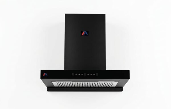 Black wall-mounted kitchen range hood featuring push-button controls, LED lights, and a mesh filter on a plain white background.