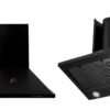 "A side-by-side product shot of a matte black kitchen chimney against a clean white background. On the left, the chimney is shown from a direct front view, featuring a trapezoidal base with a small red and blue logo and control buttons along the bottom edge. On the right, the chimney is shown from a bottom-up angled perspective, displaying its underside filter grates, control dials, and two circular LED lights."