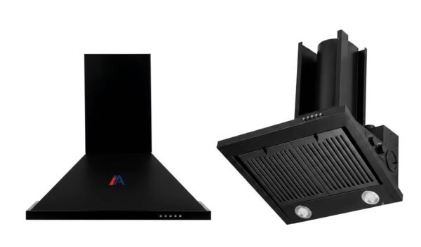 "A side-by-side product shot of a matte black kitchen chimney against a clean white background. On the left, the chimney is shown from a direct front view, featuring a trapezoidal base with a small red and blue logo and control buttons along the bottom edge. On the right, the chimney is shown from a bottom-up angled perspective, displaying its underside filter grates, control dials, and two circular LED lights."