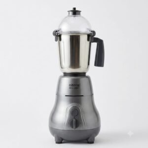 A high-resolution product shot of a metallic grey "oitons REAL GRIND" mixer grinder featuring a stainless steel jar with a transparent dome lid and a dark grey handle, set against a plain light background.