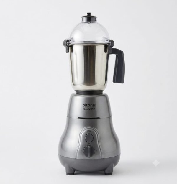 A high-resolution product shot of a metallic grey "oitons REAL GRIND" mixer grinder featuring a stainless steel jar with a transparent dome lid and a dark grey handle, set against a plain light background.