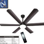 Black 6-blade ceiling fan Model 71 featuring a central LED light and an included remote control.