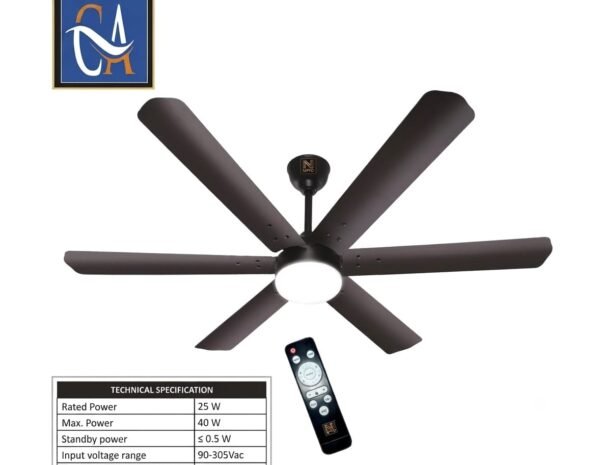 Black 6-blade ceiling fan Model 71 featuring a central LED light and an included remote control.