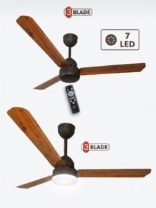 Modern 3-blade ceiling fan with wooden finish blades, central LED light, and remote control