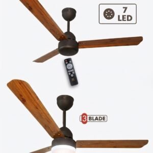 Modern 3-blade ceiling fan with wooden finish blades, central LED light, and remote control