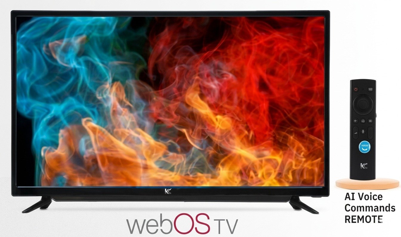 A flat-screen smart television displaying an abstract wallpaper of vibrant blue, orange, and red smoke or flames intertwined on the screen.