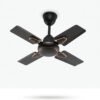 High-resolution studio product shot of a modern, compact 4-blade ceiling fan centered against a clean, plain white background. The fan features a sleek matte black finish on the blades, motor housing, and downrod, accentuated with polished copper/rose gold trim rings around the motor base and blade mounts. No text or logos are visible.