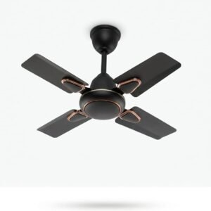 High-resolution studio product shot of a modern, compact 4-blade ceiling fan centered against a clean, plain white background. The fan features a sleek matte black finish on the blades, motor housing, and downrod, accentuated with polished copper/rose gold trim rings around the motor base and blade mounts. No text or logos are visible.