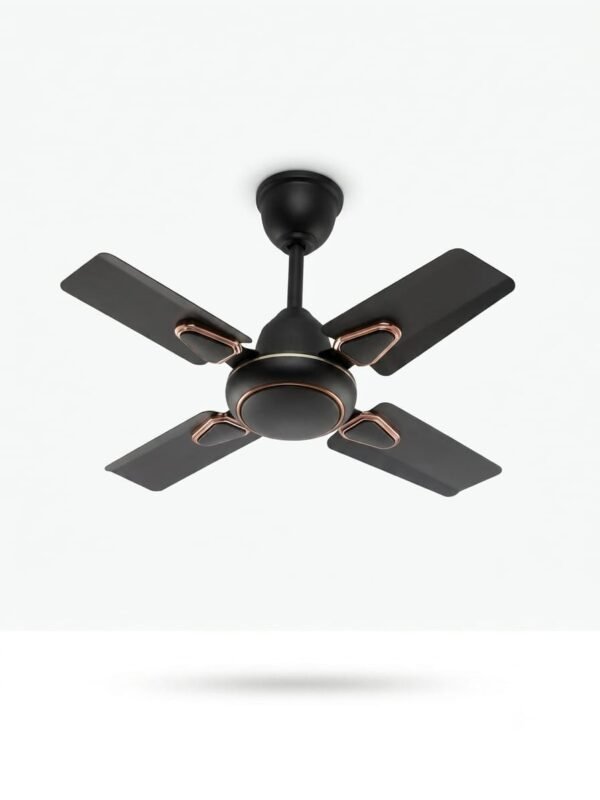 High-resolution studio product shot of a modern, compact 4-blade ceiling fan centered against a clean, plain white background. The fan features a sleek matte black finish on the blades, motor housing, and downrod, accentuated with polished copper/rose gold trim rings around the motor base and blade mounts. No text or logos are visible.
