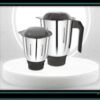 "Modern 2-jar mixer grinder kept on a clean kitchen marble countertop." "Compact mixer grinder with two stainless steel jars placed next to fresh herbs and spices."