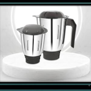 "Modern 2-jar mixer grinder kept on a clean kitchen marble countertop." "Compact mixer grinder with two stainless steel jars placed next to fresh herbs and spices."