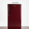 A high-definition studio product shot of a single-door GEM refrigerator in a rich, dark maroon/burgundy glossy finish. The refrigerator features a sleek vertical door handle, a small key lock on the front, and the "GEM" logo prominently displayed near the top. Floating above the appliance is the text "165 LTR Plain". The refrigerator stands on small wheels on a dark wooden floor against a clean, off-white background with soft studio lighting.