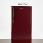 A high-definition studio product shot of a single-door GEM refrigerator in a rich, dark maroon/burgundy glossy finish. The refrigerator features a sleek vertical door handle, a small key lock on the front, and the "GEM" logo prominently displayed near the top. Floating above the appliance is the text "165 LTR Plain". The refrigerator stands on small wheels on a dark wooden floor against a clean, off-white background with soft studio lighting.