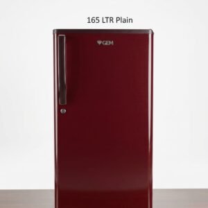 A high-definition studio product shot of a single-door GEM refrigerator in a rich, dark maroon/burgundy glossy finish. The refrigerator features a sleek vertical door handle, a small key lock on the front, and the "GEM" logo prominently displayed near the top. Floating above the appliance is the text "165 LTR Plain". The refrigerator stands on small wheels on a dark wooden floor against a clean, off-white background with soft studio lighting.