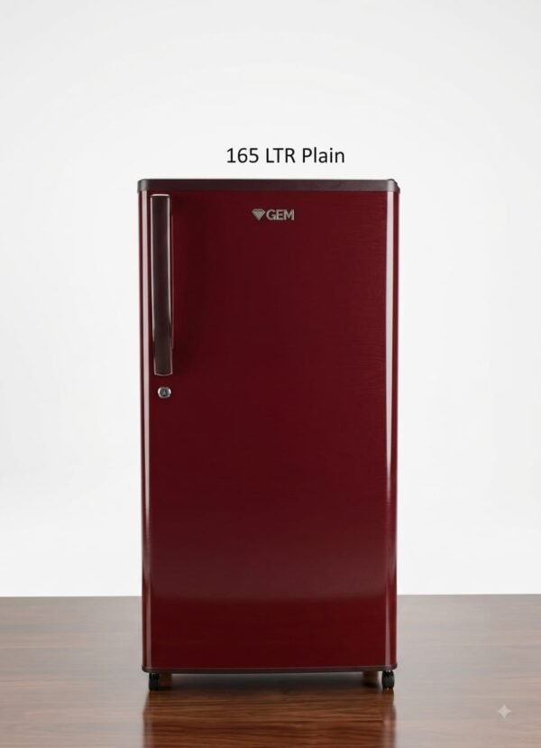 A high-definition studio product shot of a single-door GEM refrigerator in a rich, dark maroon/burgundy glossy finish. The refrigerator features a sleek vertical door handle, a small key lock on the front, and the "GEM" logo prominently displayed near the top. Floating above the appliance is the text "165 LTR Plain". The refrigerator stands on small wheels on a dark wooden floor against a clean, off-white background with soft studio lighting.