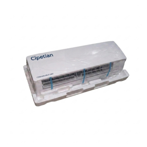 Alt Text: A 1-ton mini-split air conditioner unit branded "Cipetian" wrapped in protective plastic packaging, centered on a solid white background.