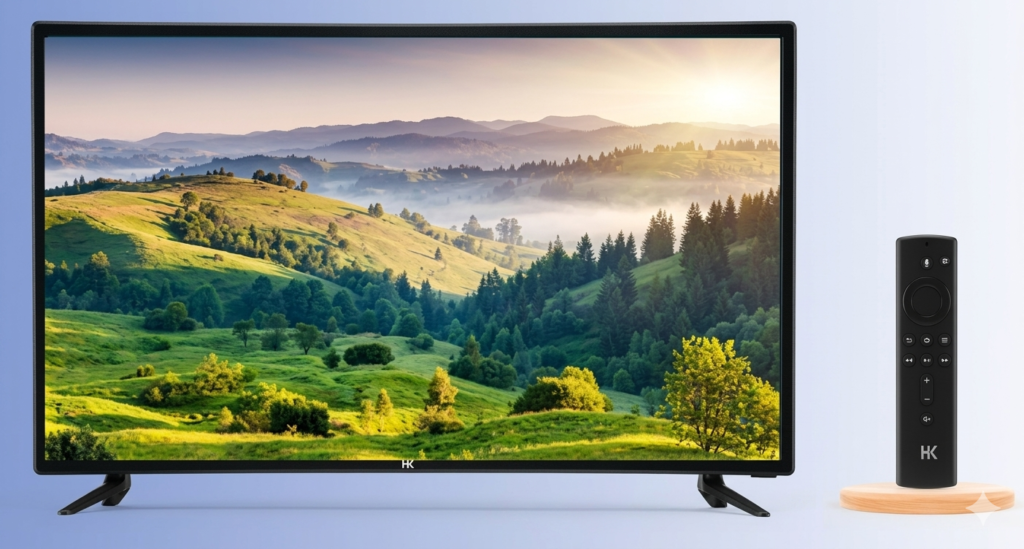 A product promotional display showing a flat-screen smart television and its accompanying remote control. The television features a slim black frame, rests on two angular black leg stands, and displays a sharp, high-definition image of a lush green rolling hillside landscape under a bright morning sun with morning mist.