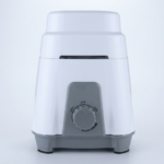A clean, front-facing studio photograph of a modern electric mixer grinder base presented against a solid, light-grey background. The appliance features a glossy white tiered polymer upper body resting on a smooth grey molded base equipped with non-slip rubber feet.