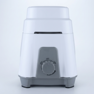 A clean, front-facing studio photograph of a modern electric mixer grinder base presented against a solid, light-grey background. The appliance features a glossy white tiered polymer upper body resting on a smooth grey molded base equipped with non-slip rubber feet.