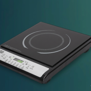 A high-definition studio shot of a modern, sleek black portable induction cooktop angled diagonally against a solid dark teal gradient background. The glass-ceramic top surface features a stylized white double-ring cooking zone indicator. The front control panel is rendered in brushed silver, showcasing a digital display screen, function indicator lights, and touch control buttons labeled with icons for operations like power, timer, temperature adjustment, and cooking presets.