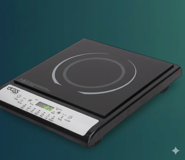A high-definition studio shot of a modern, sleek black portable induction cooktop angled diagonally against a solid dark teal gradient background. The glass-ceramic top surface features a stylized white double-ring cooking zone indicator. The front control panel is rendered in brushed silver, showcasing a digital display screen, function indicator lights, and touch control buttons labeled with icons for operations like power, timer, temperature adjustment, and cooking presets.