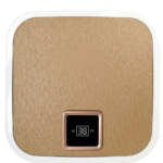 A square-shaped electric storage water geyser with rounded corners, isolated against a white background. The unit features a modern textured beige or light gold front panel framed by a smooth white outer border.