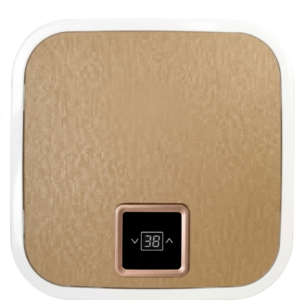 A square-shaped electric storage water geyser with rounded corners, isolated against a white background. The unit features a modern textured beige or light gold front panel framed by a smooth white outer border.