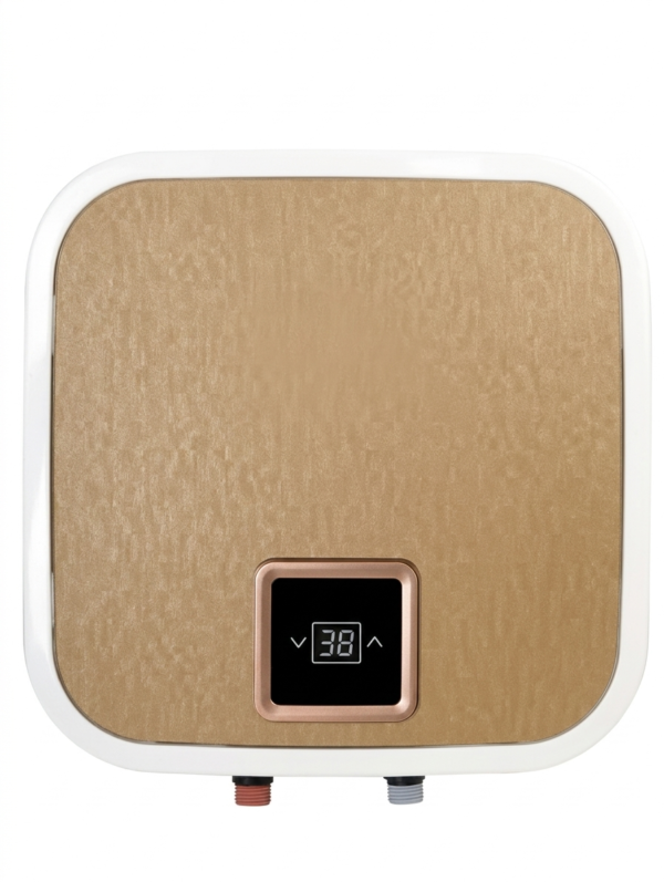 A square-shaped electric storage water geyser with rounded corners, isolated against a white background. The unit features a modern textured beige or light gold front panel framed by a smooth white outer border.