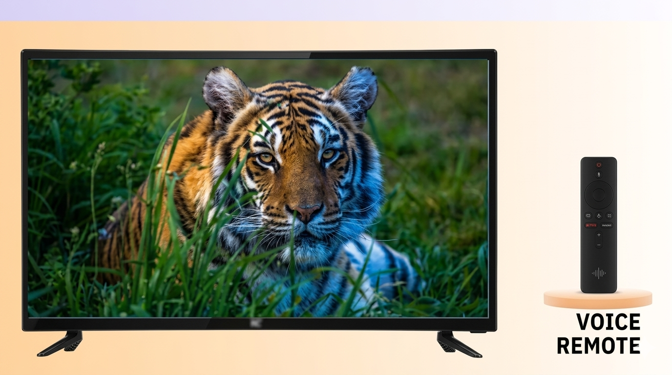 a flat-screen smart television and its accompanying voice remote control. The television features a slim black frame, rests on two angular black leg stands, and displays a sharp, high-definition image of a majestic Bengal tiger lying down amidst tall green grass.