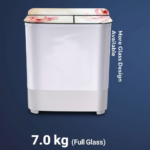 A high-definition product marketing graphic of a 7.0 kg twin-tub semi-automatic washing machine against a dark blue background. The machine features a white body with a light gray base trim. The top lid assembly is made of smooth full glass, split into two sections, and decorated with a soft pink floral cherry blossom pattern.