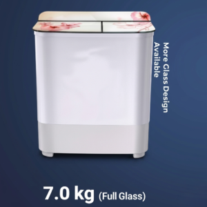 A high-definition product marketing graphic of a 7.0 kg twin-tub semi-automatic washing machine against a dark blue background. The machine features a white body with a light gray base trim. The top lid assembly is made of smooth full glass, split into two sections, and decorated with a soft pink floral cherry blossom pattern.
