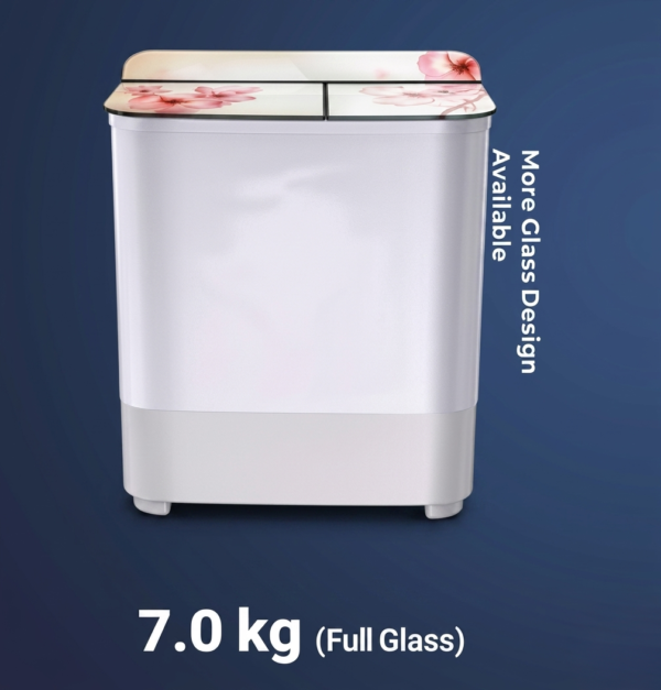A high-definition product marketing graphic of a 7.0 kg twin-tub semi-automatic washing machine against a dark blue background. The machine features a white body with a light gray base trim. The top lid assembly is made of smooth full glass, split into two sections, and decorated with a soft pink floral cherry blossom pattern.