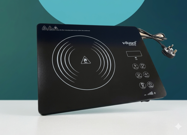 A high-definition, sharp studio product photograph of a sleek, black portable induction cooktop sitting on a clean white surface. The cooktop features a minimalist design with a large circular heating zone marked by concentric white rings and a central warning symbol triangle.