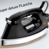 A high-definition product photograph of a classic heavy-weight automatic electric iron resting flat on its soleplate, displayed against a clean light gray background with the text "Super deluxe PLancha " written in the upper left corner.
