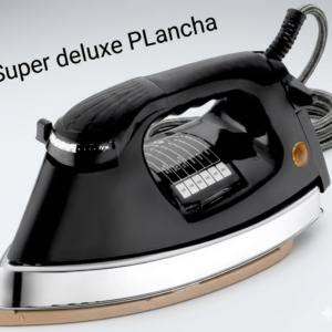 A high-definition product photograph of a classic heavy-weight automatic electric iron resting flat on its soleplate, displayed against a clean light gray background with the text "Super deluxe PLancha " written in the upper left corner.