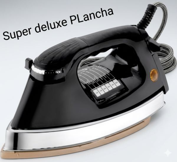 A high-definition product photograph of a classic heavy-weight automatic electric iron resting flat on its soleplate, displayed against a clean light gray background with the text "Super deluxe PLancha " written in the upper left corner.