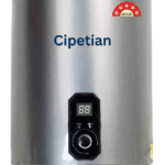 A vertical, cylindrical storage water geyser with a brushed stainless steel metallic body, isolated against a white background. The brand name "Cipetian" is cleanly printed in a bold, dark blue sans-serif font across the upper middle section of the tank, replacing the original logo.
