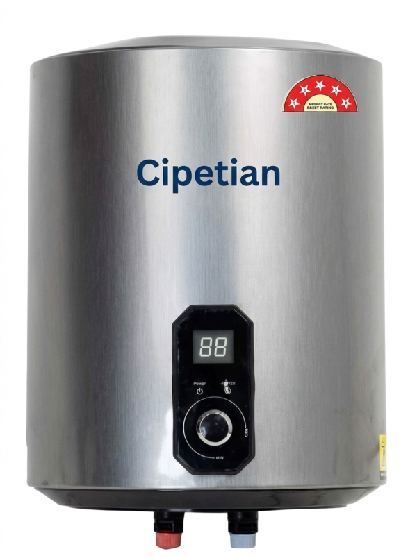 A vertical, cylindrical storage water geyser with a brushed stainless steel metallic body, isolated against a white background. The brand name "Cipetian" is cleanly printed in a bold, dark blue sans-serif font across the upper middle section of the tank, replacing the original logo.