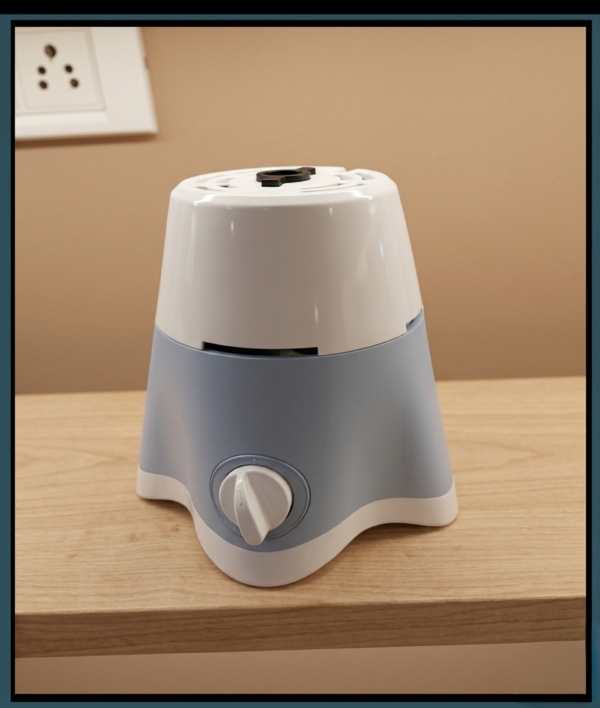 A crisp, close-up photograph of a compact electric mixer grinder base resting on a light-colored wooden countertop against a neutral beige wall. The appliance features a two-tone plastic body with a glossy white upper section and a matte, light-blue lower section that tapers down into a stable four-legged clover base with a white bottom trim.